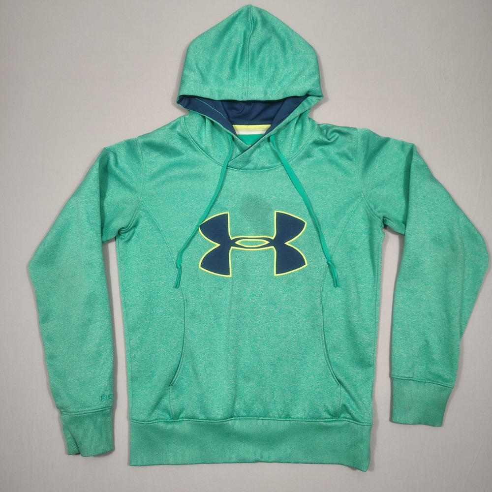 Under Armour Hoodie Womens Small ColdGear Pullover Logo Green Heathered GOOD